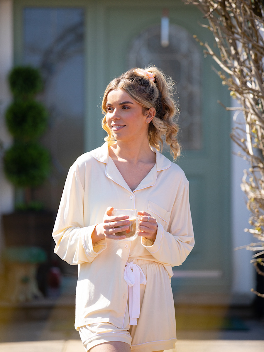 Model in Pretty Bee logoed Pyjamas in Lemon