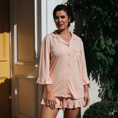 Model in peach modal pyjama ruffle set